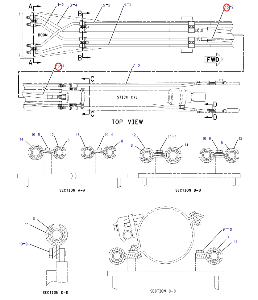 Caterpillar CAT®318B installation diagram showing hydraulic hose 151-1751 at Pipe No. 16