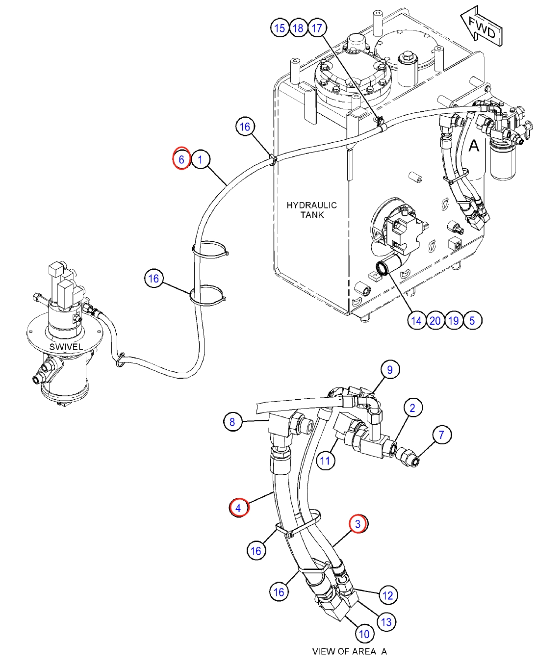 Caterpillar CAT®313D2 installation diagram showing hydraulic hose 269-9714 at Pipe No. 4