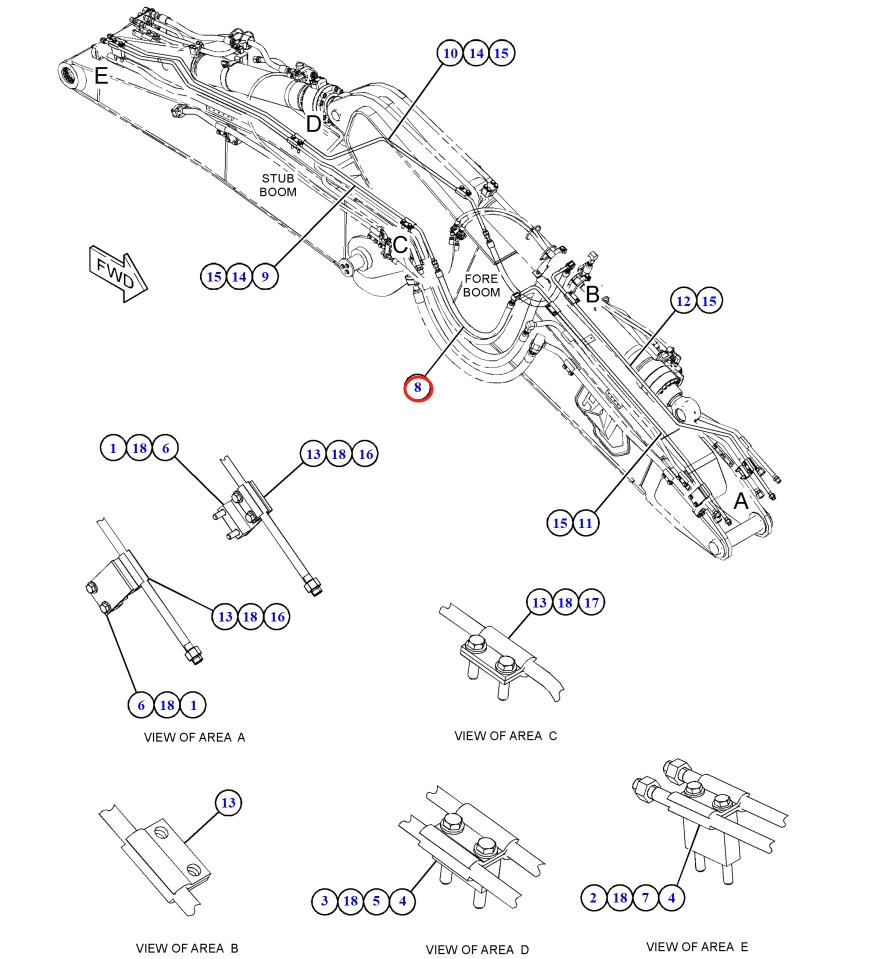 Caterpillar CAT®317 installation diagram showing hydraulic hose 571-1728 at Pipe No. 8