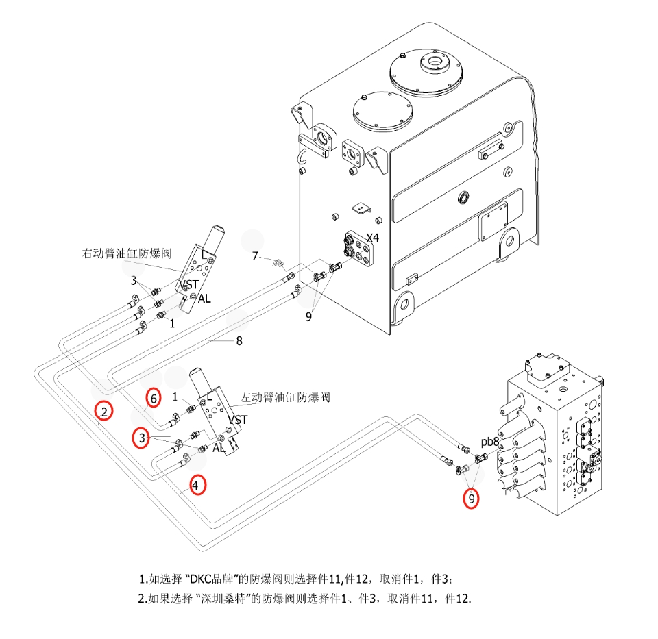 Sunward SWE215E installation diagram showing hydraulic hose 730502001632 at Pipe No. 2