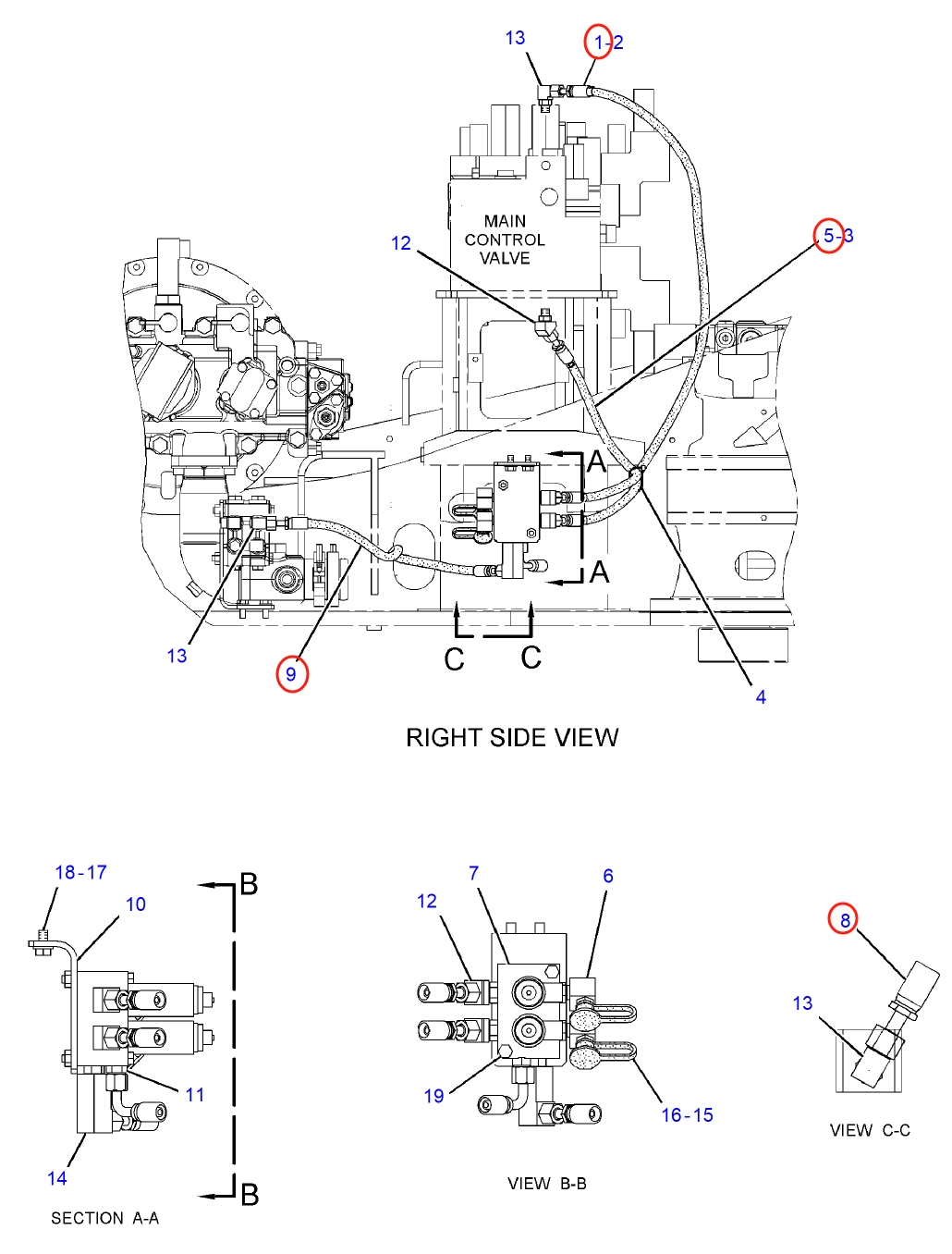 Caterpillar CAT®312D installation diagram showing hydraulic hose 5I-4076 at Pipe No. 1