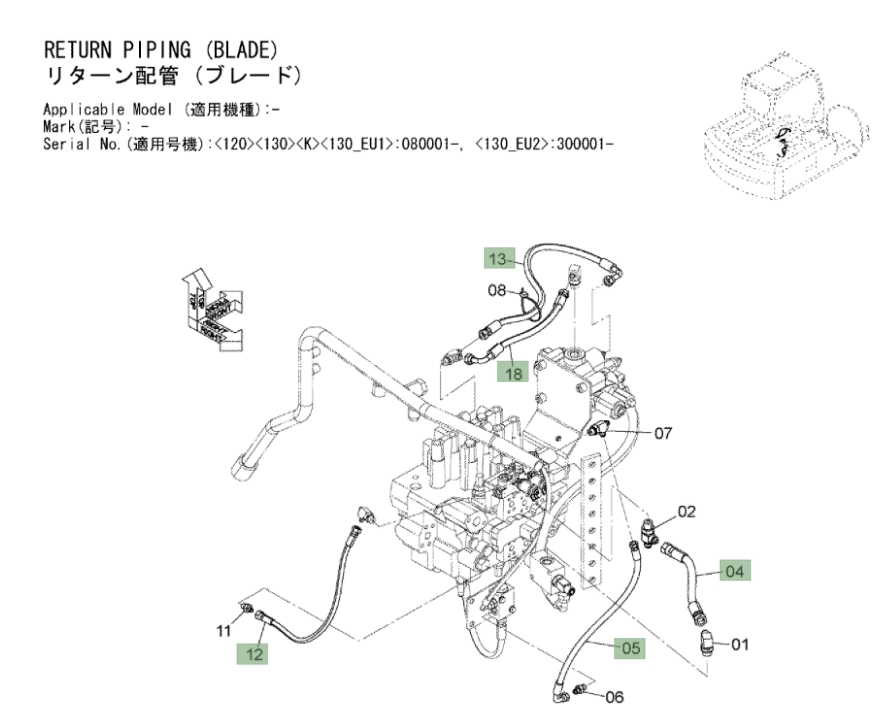 Hitachi ZX120-3 installation diagram showing hydraulic hose 4478281 at Pipe No. 18