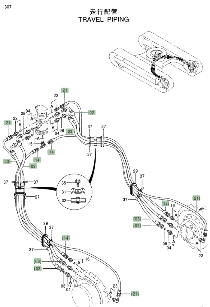 Hitachi EX160LC-5 installation diagram showing hydraulic hose 4257238 at Pipe No. 21