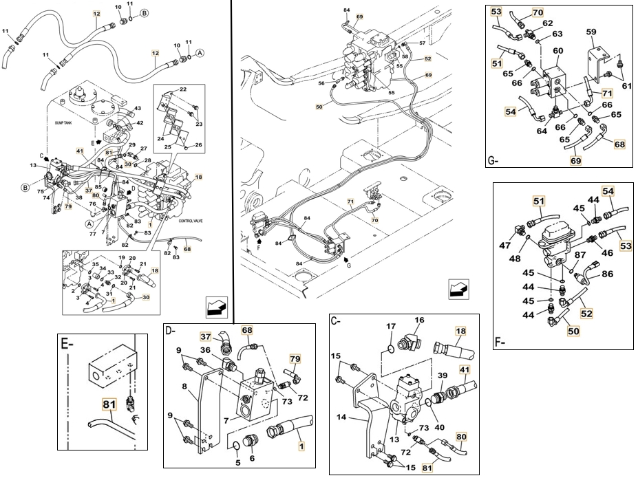 Case CX180C installation diagram showing hydraulic hose KHJ2249 at Pipe No. 79