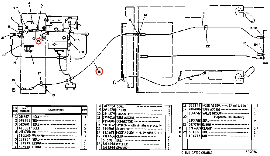 Caterpillar CAT®235 installation diagram showing hydraulic hose 033-2159 at Pipe No. 18