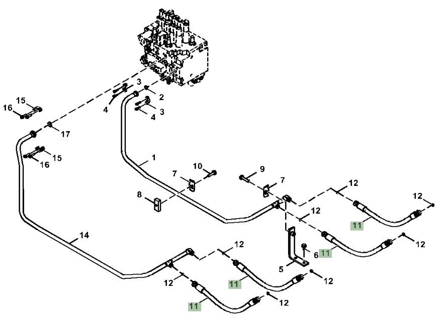 Hitachi ZX130-5G installation diagram showing hydraulic hose 4362573 at Pipe No. 11