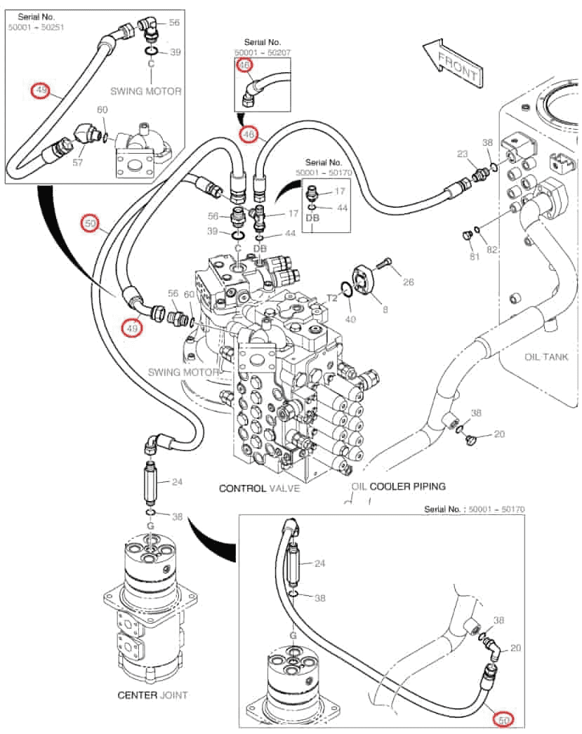 Doosan DX140LC installation diagram showing hydraulic hose 2184-1026D358 at Pipe No. 46