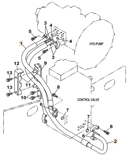 Case CX220C installation diagram showing hydraulic hose KRJ16320 at Pipe No. 1