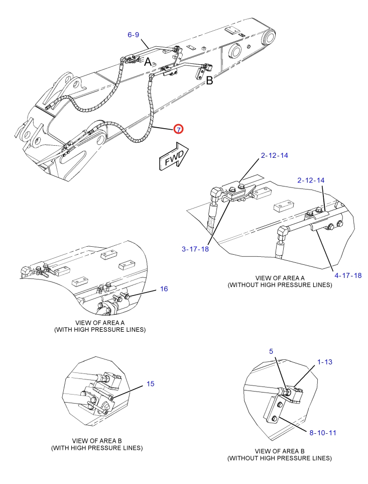 Caterpillar CAT®316F L installation diagram showing hydraulic hose 282-5884 at Pipe No. 7