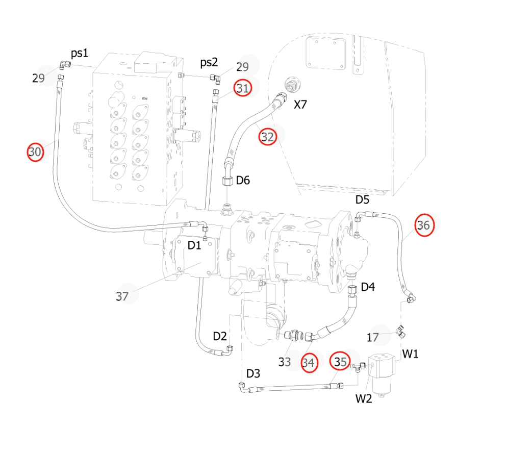 Sunward SWE215E installation diagram showing hydraulic hose 730502002465 at Pipe No. 31