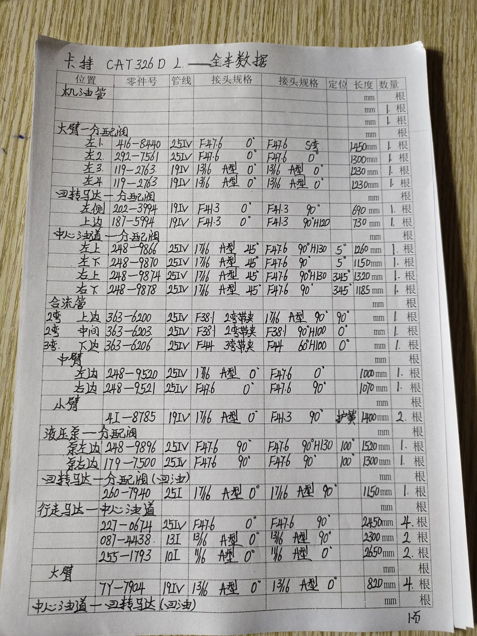 Caterpillar 326DL hydraulic hose part numbers and recorded lengths — technician notebook page 1 of 5 — recorded hose parts 34187-599419IVF430, 7248-987825IV1716A11H5, F121202-3994