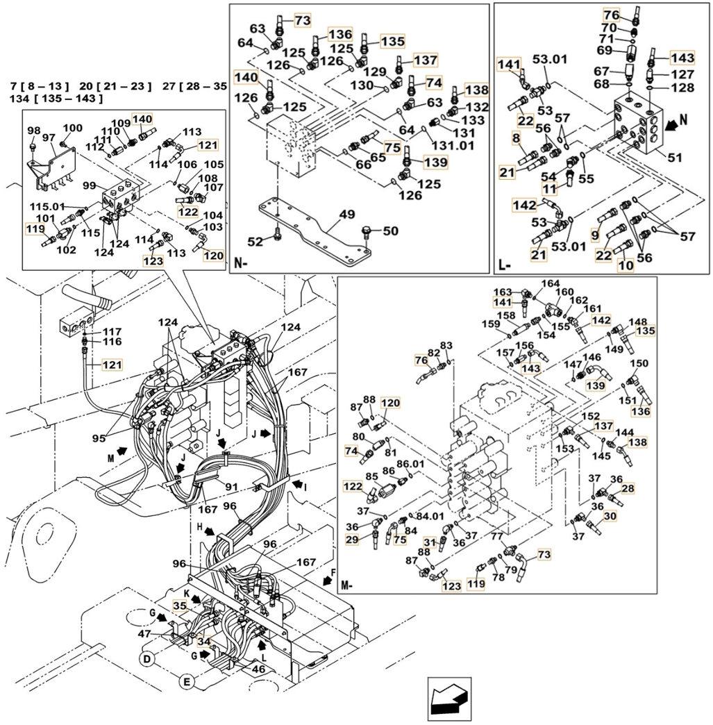 Case CX300C installation diagram showing hydraulic hose KHJ2625 at Pipe No. 74