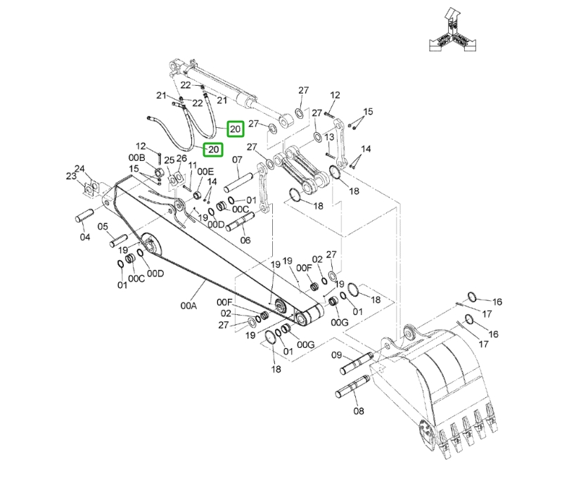Hitachi ZX160LC-3 installation diagram showing hydraulic hose 4644709 at Pipe No. 20