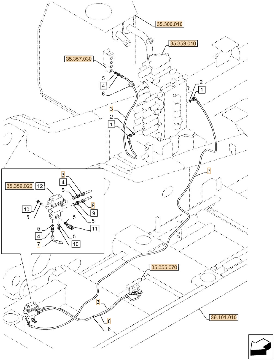 Case CX350D LC installation diagram showing hydraulic hose KHJ11500 at Pipe No. 7