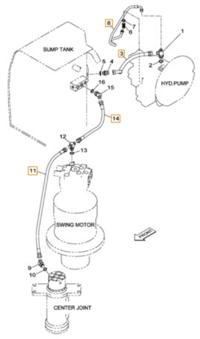 Case CX230B installation diagram showing hydraulic hose KTJ2048 at Pipe No. 11