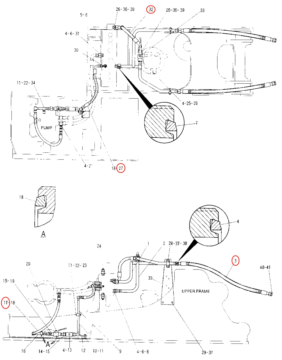 Caterpillar CAT®315-A L installation diagram showing hydraulic hose 108-7497 at Pipe No. 3