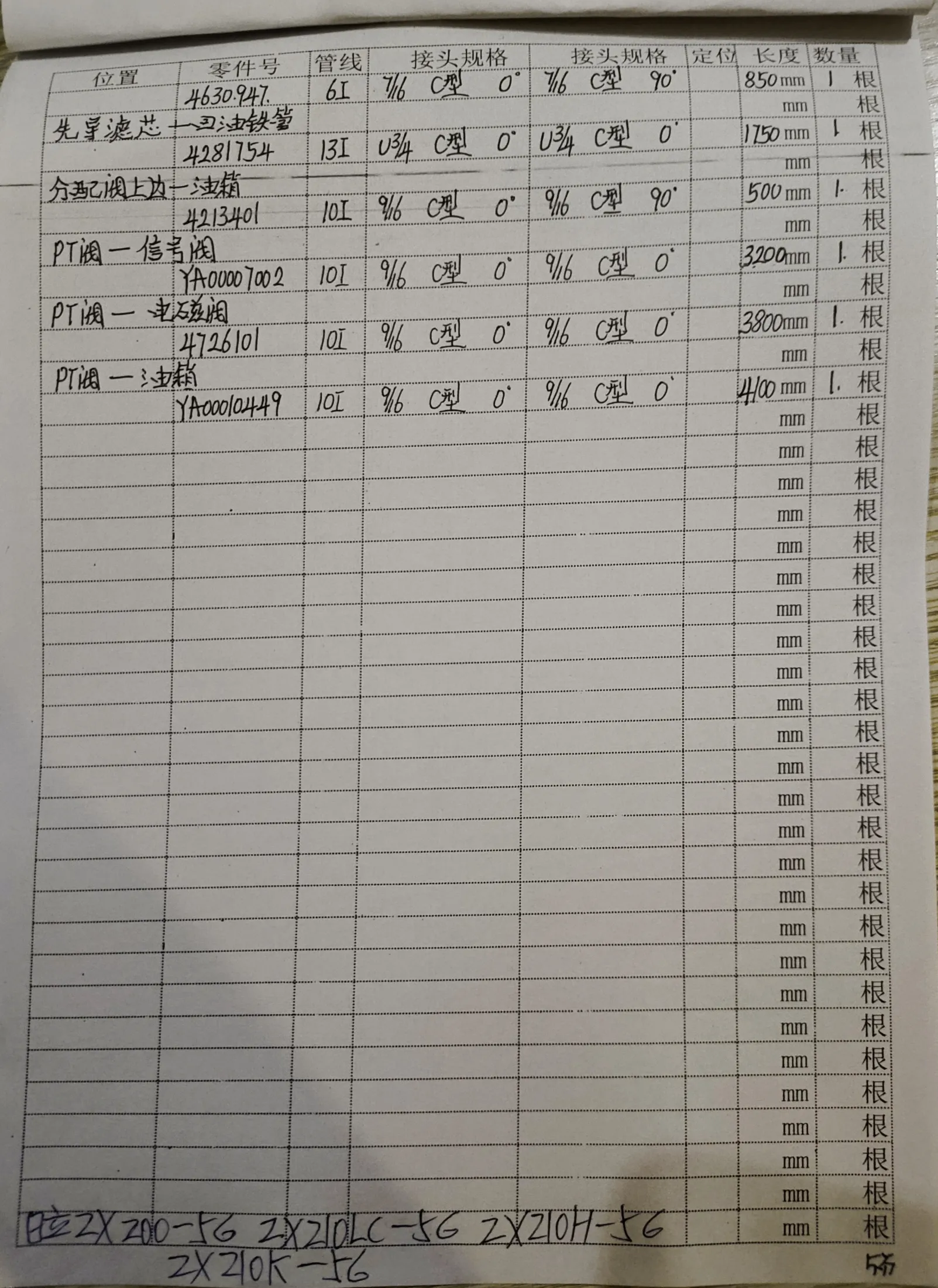 Hitachi ZX200-5G hydraulic hose part numbers and recorded lengths — technician notebook page 5 of 5