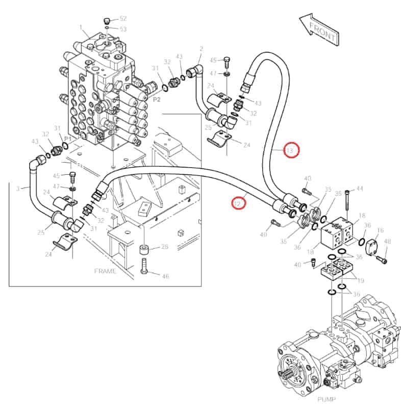 Doosan DX160LC installation diagram showing hydraulic hose DS2016113 at Pipe No. 13