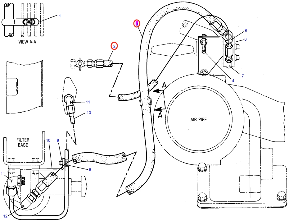 Caterpillar CAT®225D installation diagram showing hydraulic hose 3V-6153 at Pipe No. 2