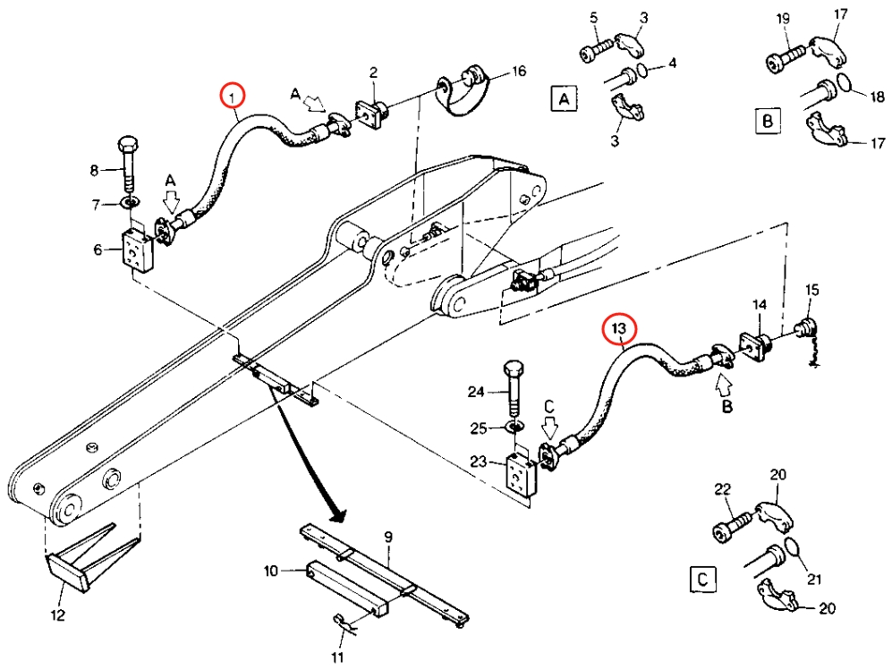 Caterpillar CAT®212B installation diagram showing hydraulic hose 8U-1882 at Pipe No. 1