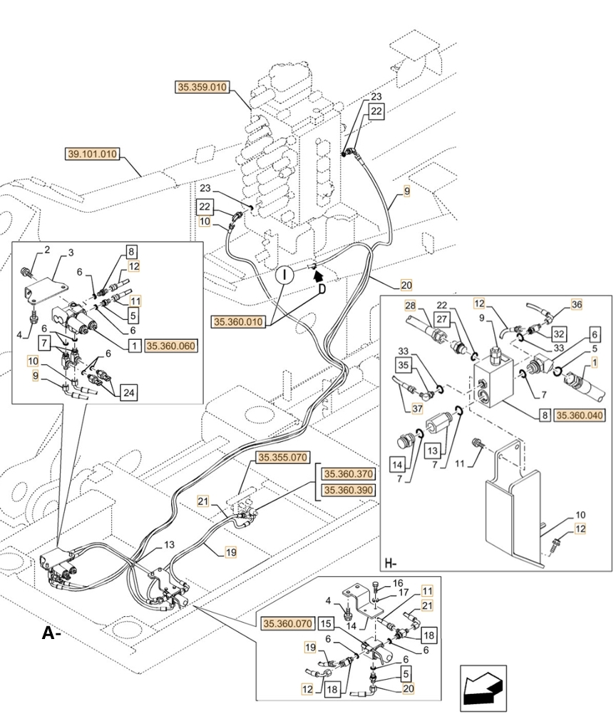 Case CX350D LC installation diagram showing hydraulic hose KHJ18020 at Pipe No. A9