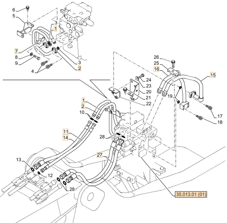 Case CX130C installation diagram showing hydraulic hose KNJ15700 at Pipe No. 14