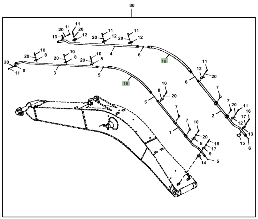 Hitachi ZX380LC-5N installation diagram showing hydraulic hose 4650823 at Pipe No. 18