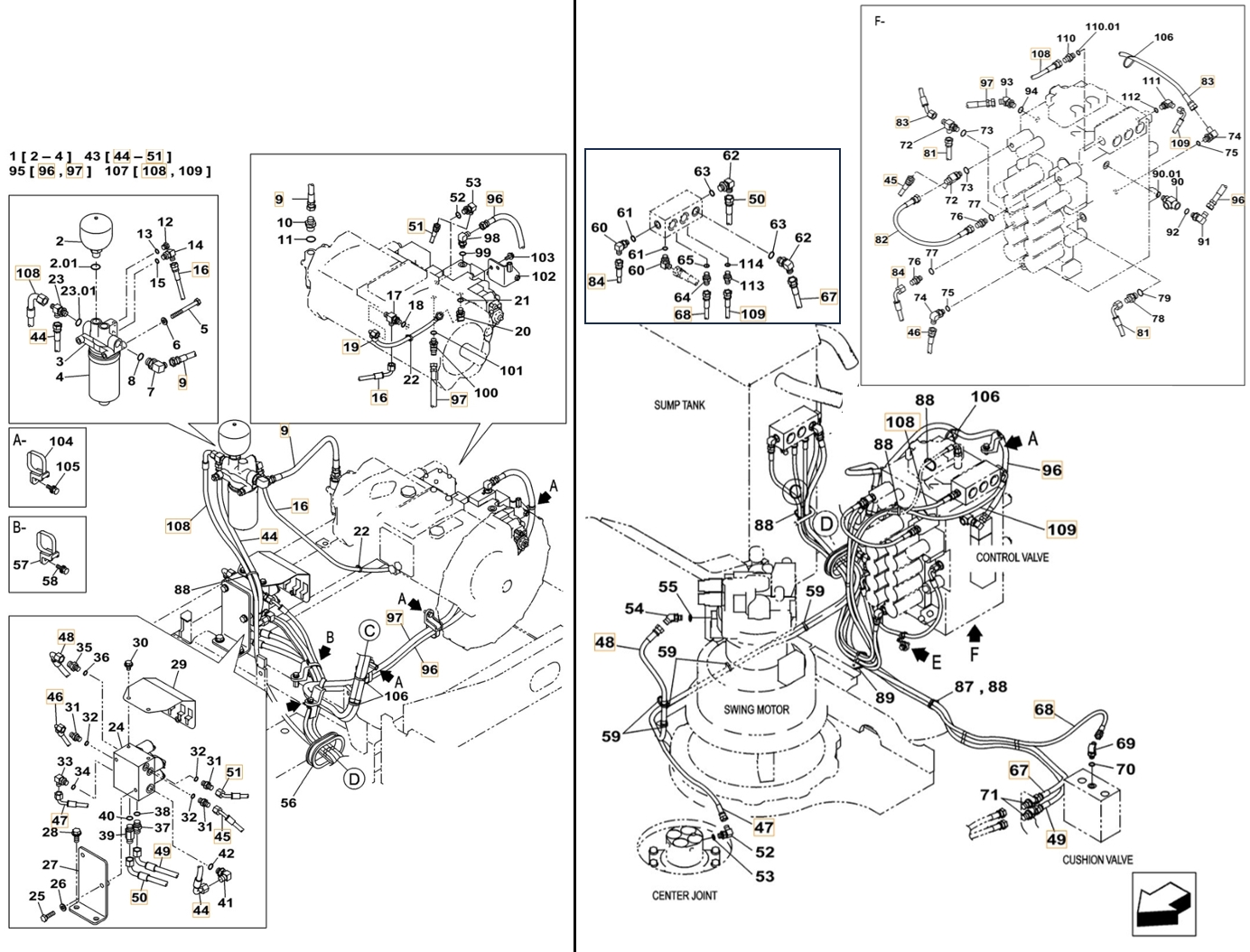 Case CX210C-8 installation diagram showing hydraulic hose KHJ2369 at Pipe No. 49