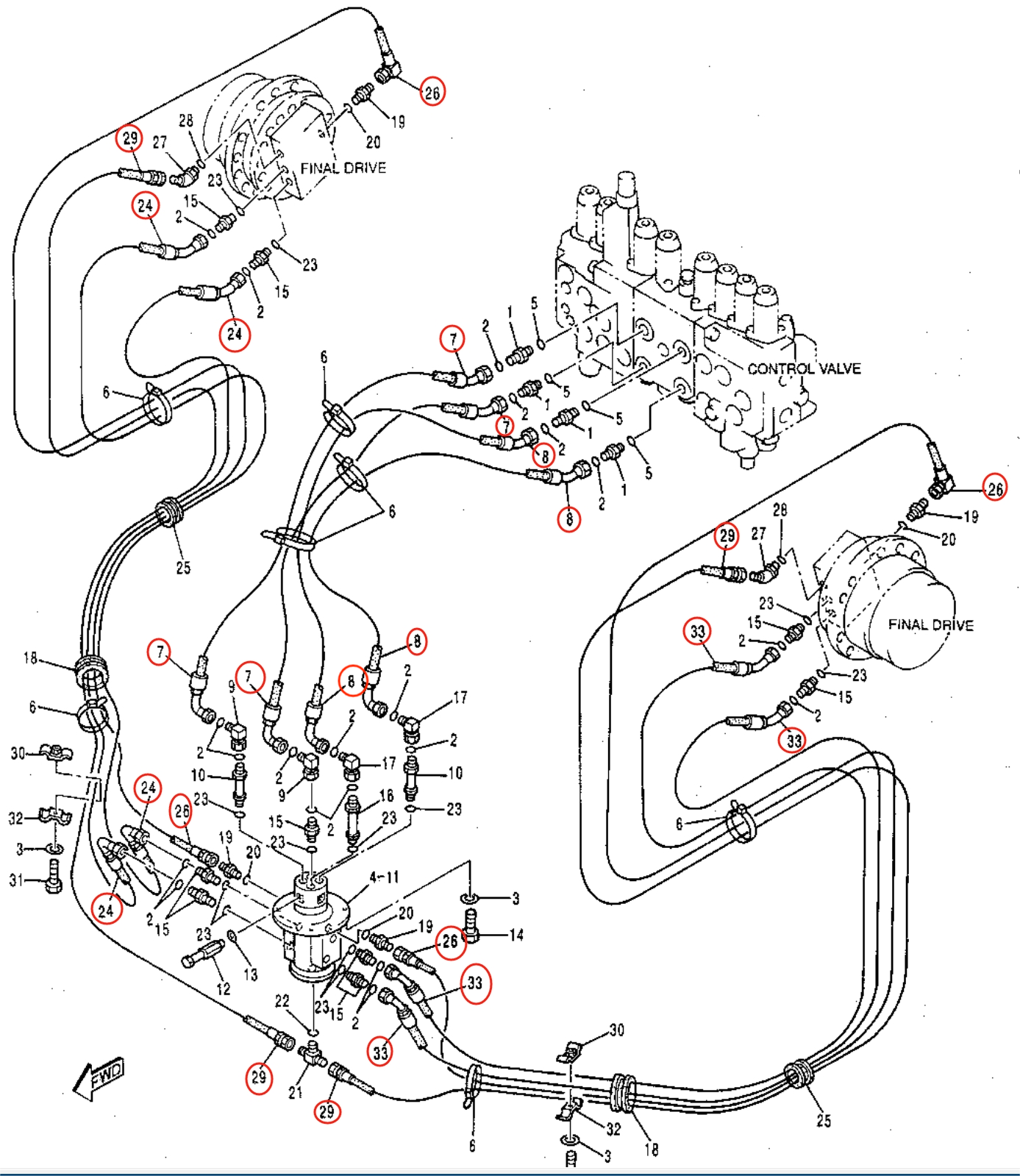 Caterpillar CAT®315B FM L installation diagram showing hydraulic hose 135-1147 at Pipe No. 29