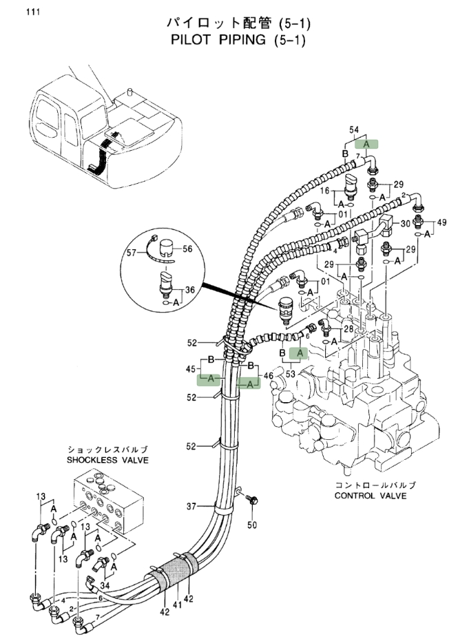 Hitachi EX120-5 installation diagram showing hydraulic hose 4346061 at Pipe No. 46A