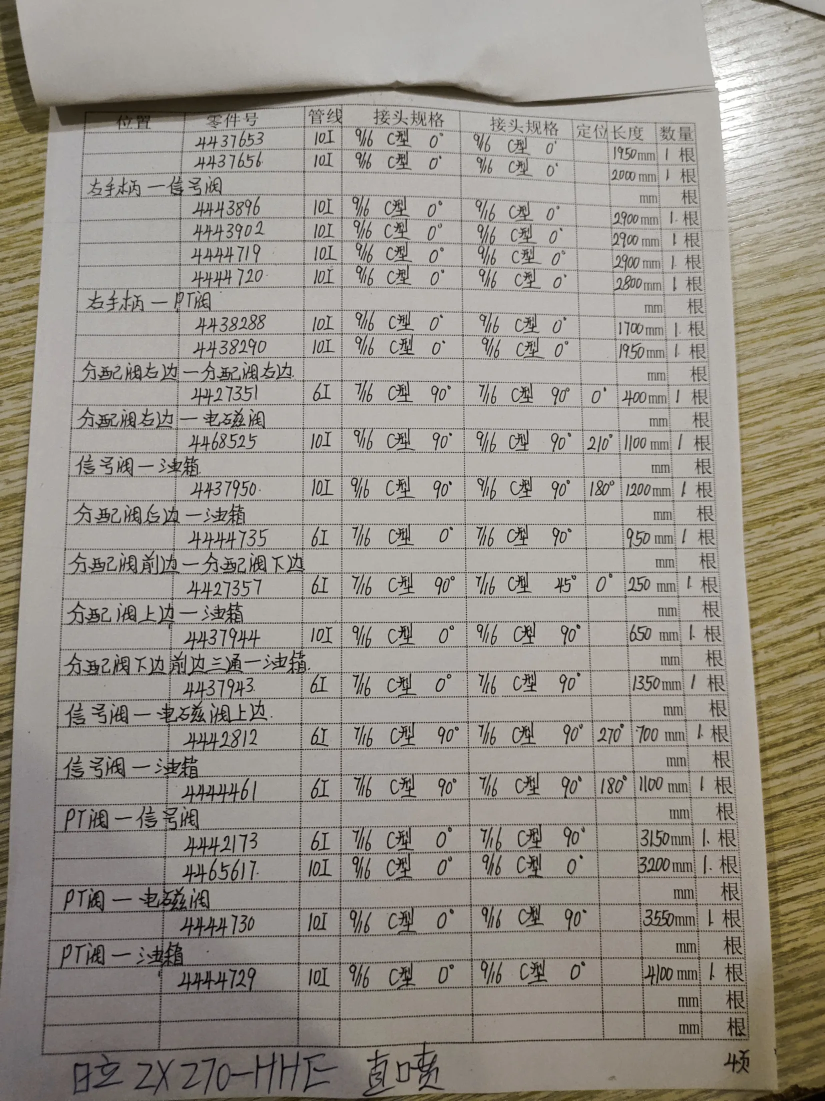 Hitachi ZX270-HHE hydraulic hose part numbers and recorded lengths — technician notebook page 1 of 1
