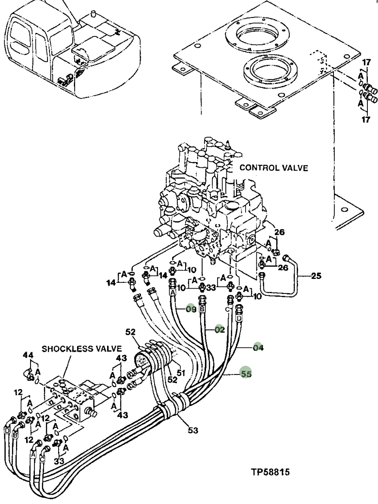 Hitachi EX110-5 installation diagram showing hydraulic hose 4346060 at Pipe No. 2