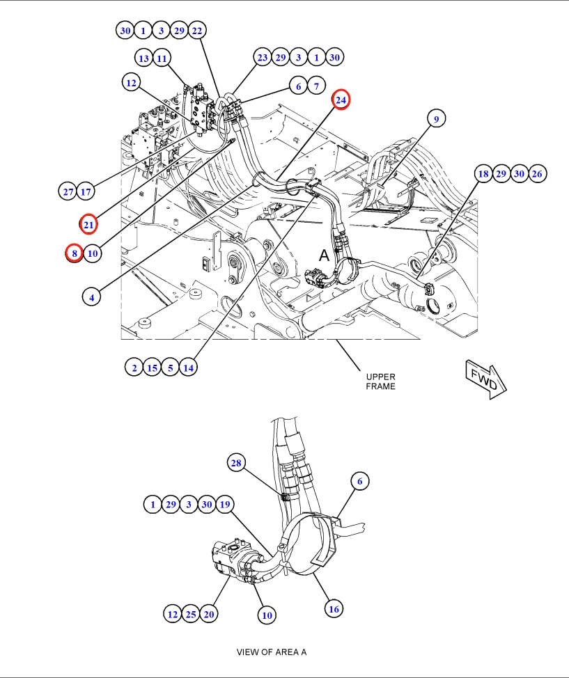 Caterpillar CAT®M317F installation diagram showing hydraulic hose 495-7720 at Pipe No. 24