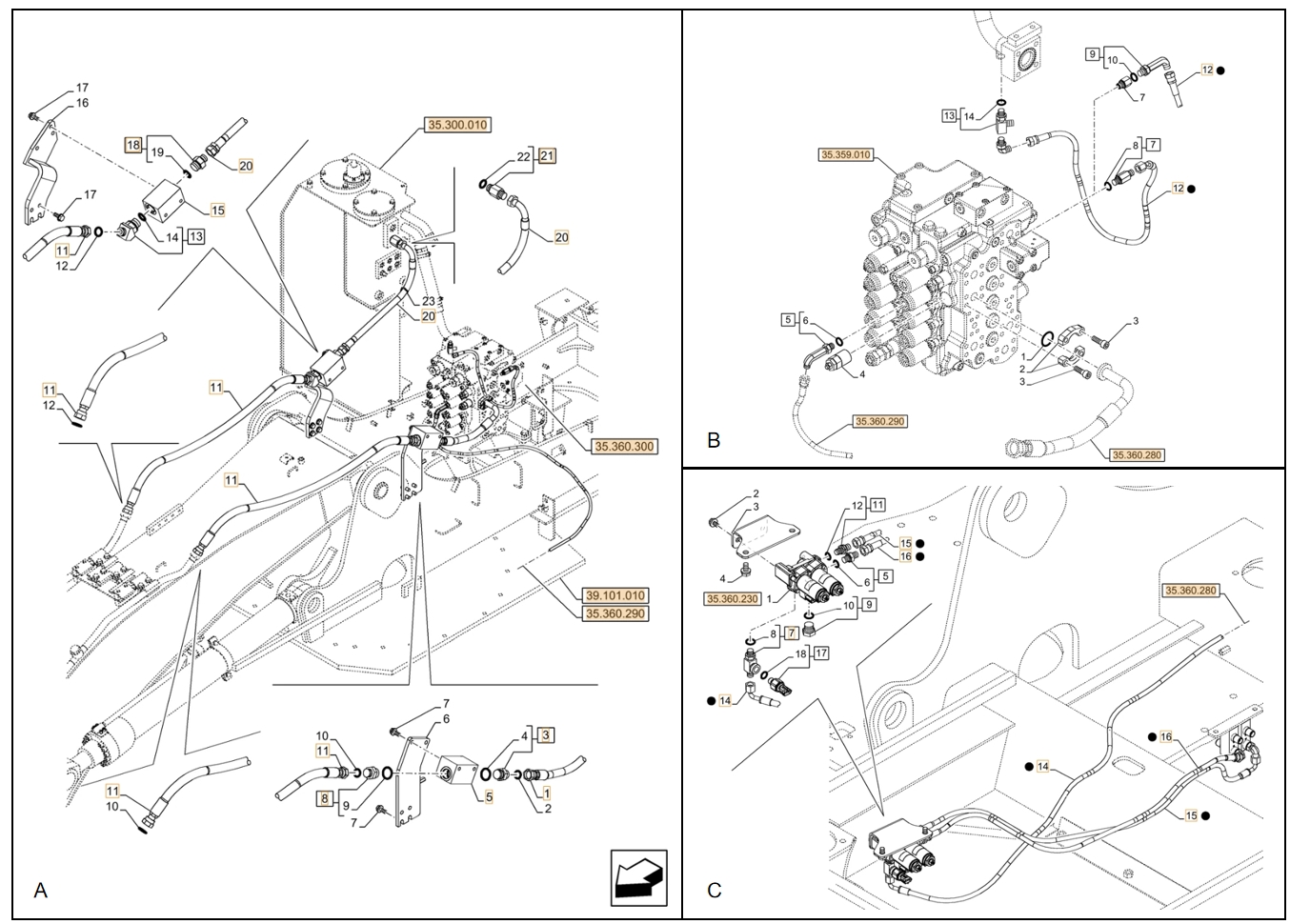 Case CX130D LC installation diagram showing hydraulic hose KHJ2092 at Pipe No. 15