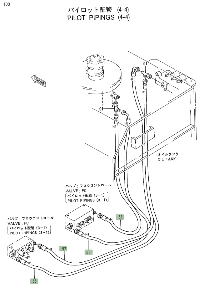 Hitachi EX400LC-3 installation diagram showing hydraulic hose 4366763 at Pipe No. 55