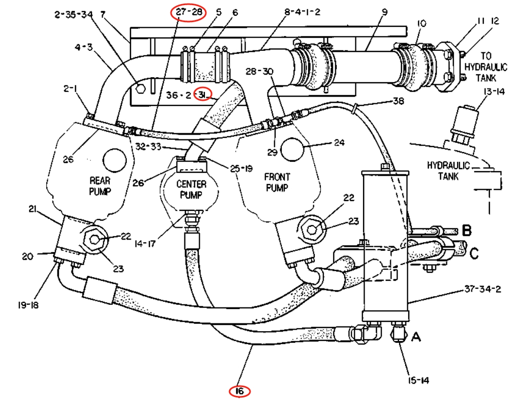 Caterpillar CAT®215 installation diagram showing hydraulic hose 5C-4367 at Pipe No. 27