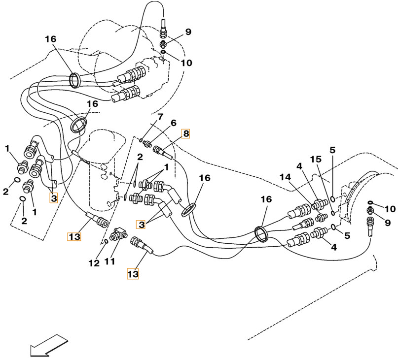 Case CX290 installation diagram showing hydraulic hose 157203A1 at Pipe No. 8
