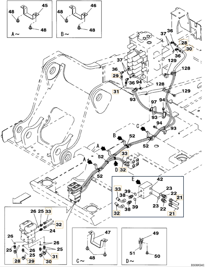 Case CX240B installation diagram showing hydraulic hose KHJ2249 at Pipe No. 32