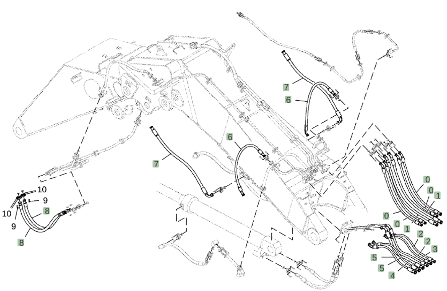 Hitachi EX1200-7 installation diagram showing hydraulic hose 4454680 at Pipe No. 8