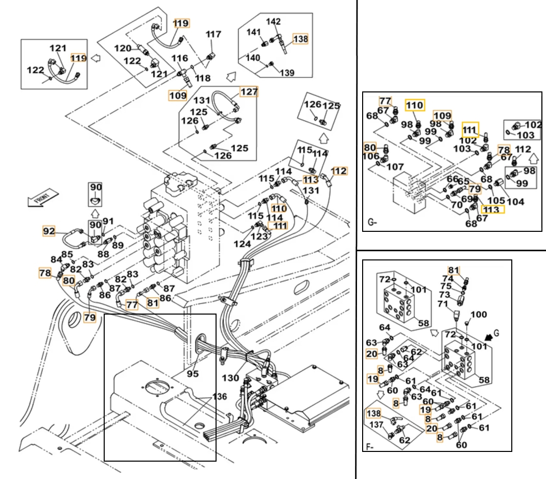 Case CX220B installation diagram showing hydraulic hose KHJ11530 at Pipe No. 110