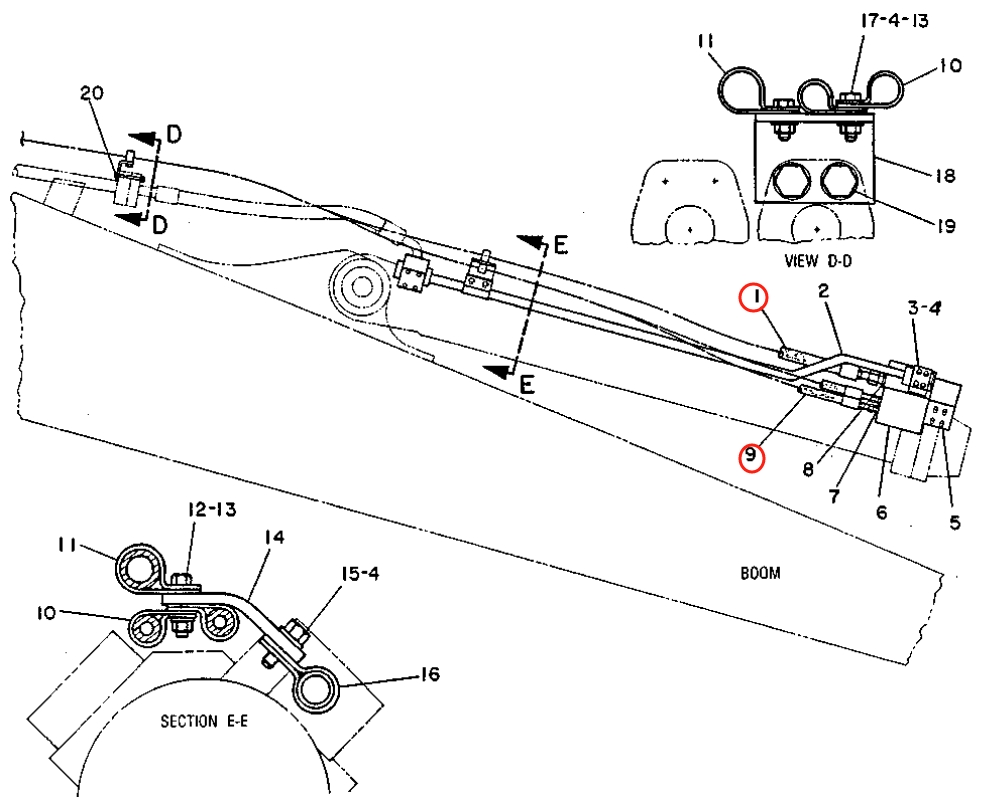 Caterpillar CAT®215B installation diagram showing hydraulic hose 6W-7642 at Pipe No. 9