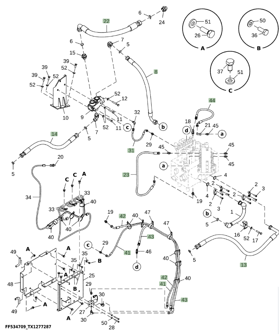 Hitachi ZX210LC-5A installation diagram showing hydraulic hose 4275675 at Pipe No. 14