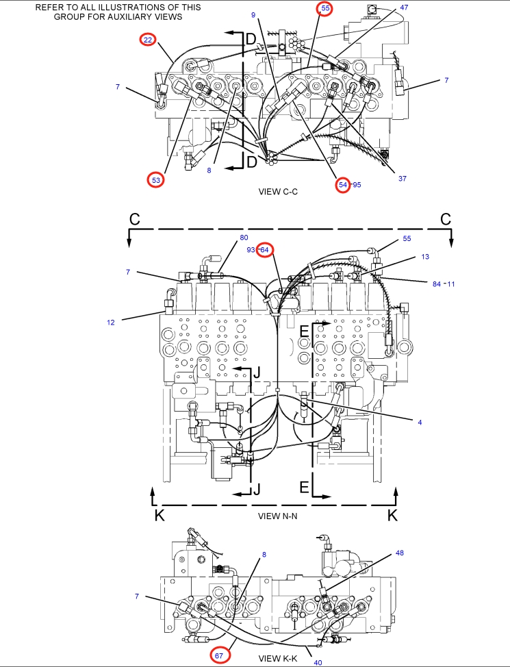 Caterpillar CAT®318C installation diagram showing hydraulic hose 104-8771 at Pipe No. 64