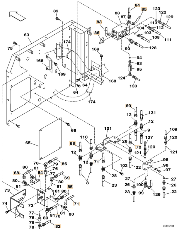 Case CX290 installation diagram showing hydraulic hose 168411A1 at Pipe No. 71