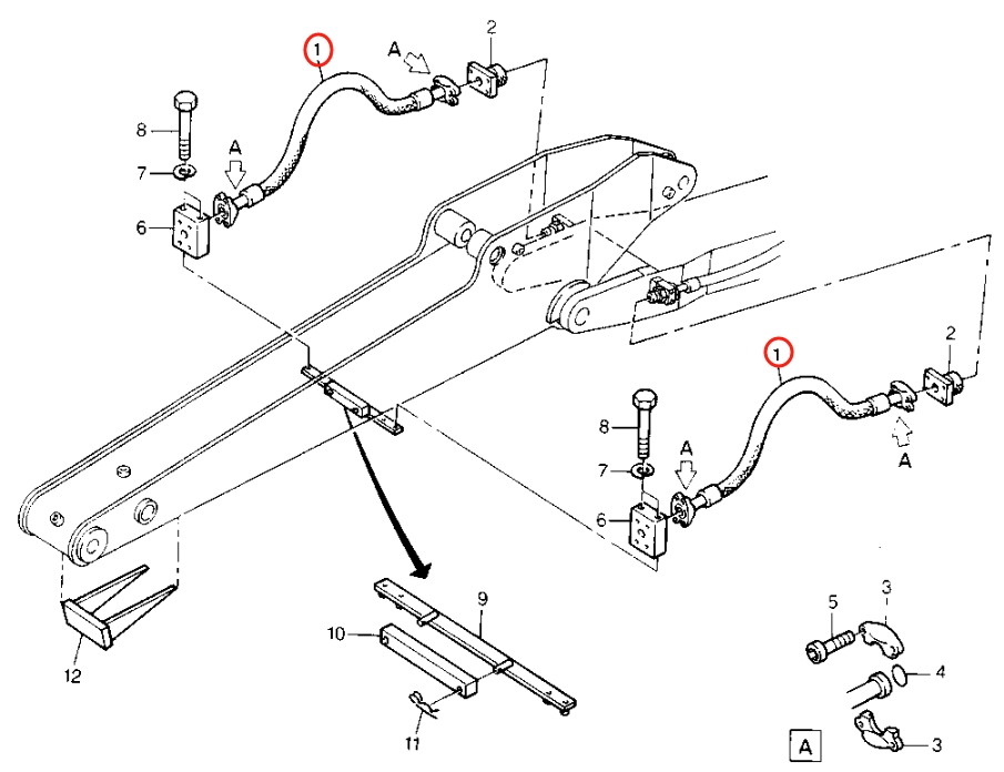 Caterpillar CAT®212B installation diagram showing hydraulic hose 8U-1882 at Pipe No. 1