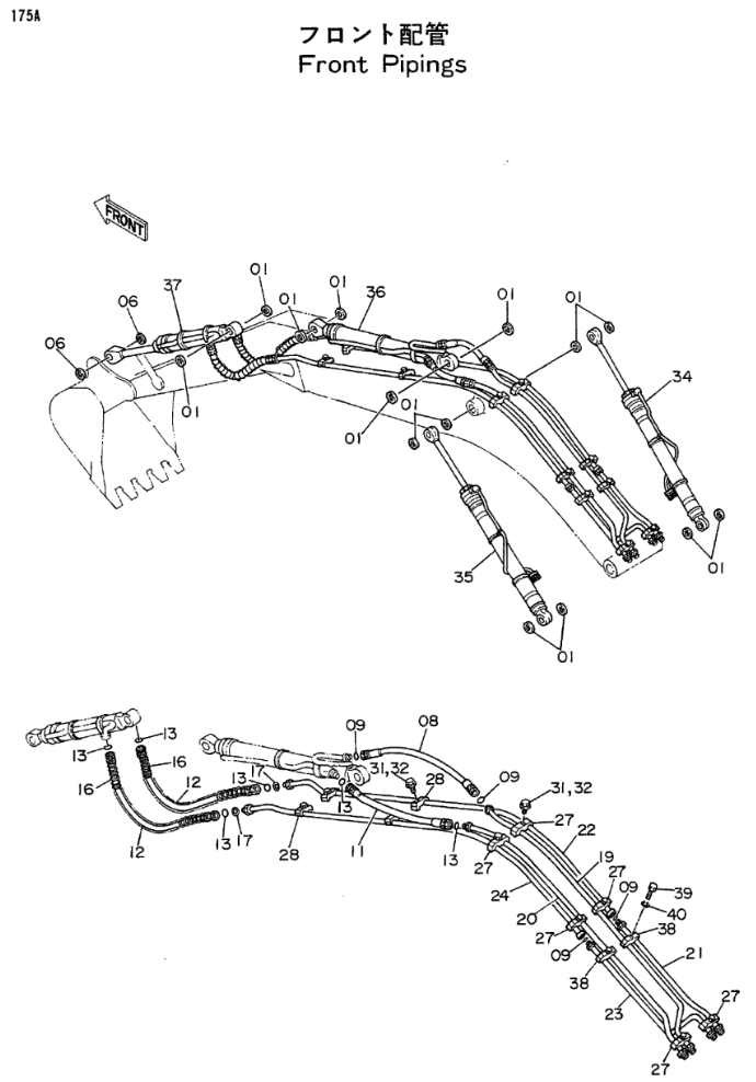Hitachi EX300LC installation diagram showing hydraulic hose 4197711 at Pipe No. 12