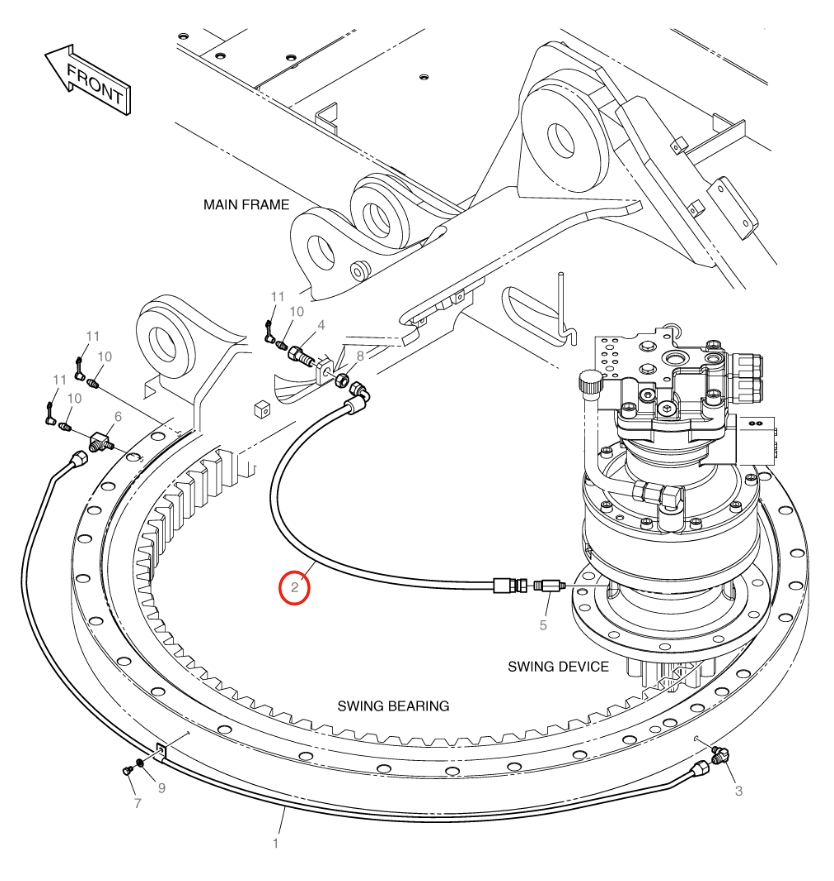Doosan DX140W-5 installation diagram showing hydraulic hose 2184-1046D51 at Pipe No. 2