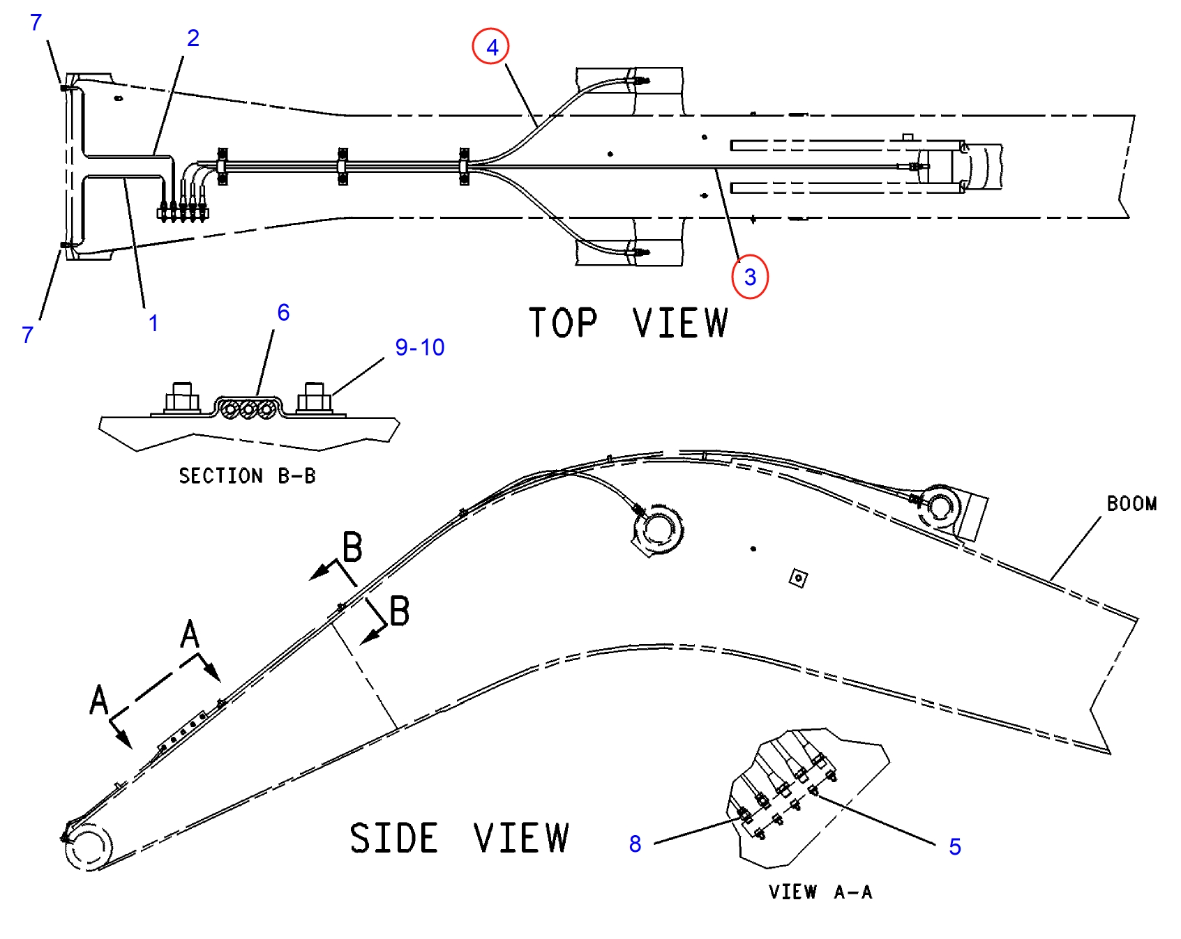 Caterpillar CAT®312-A installation diagram showing hydraulic hose 087-5857 at Pipe No. 3