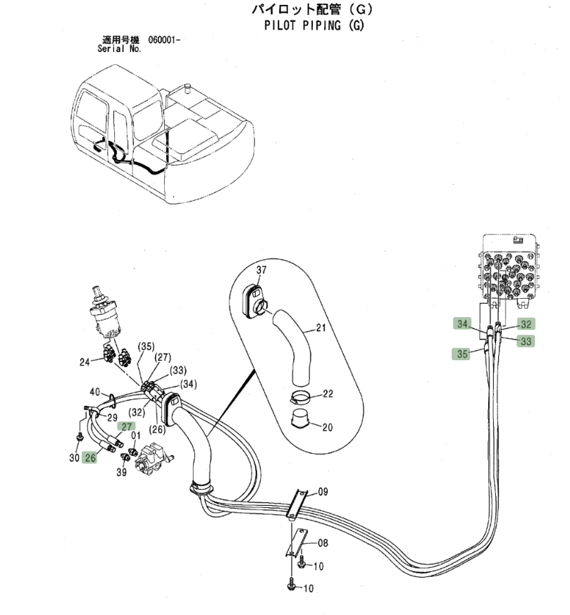 Hitachi ZX120 installation diagram showing hydraulic hose 4453226 at Pipe No. 33