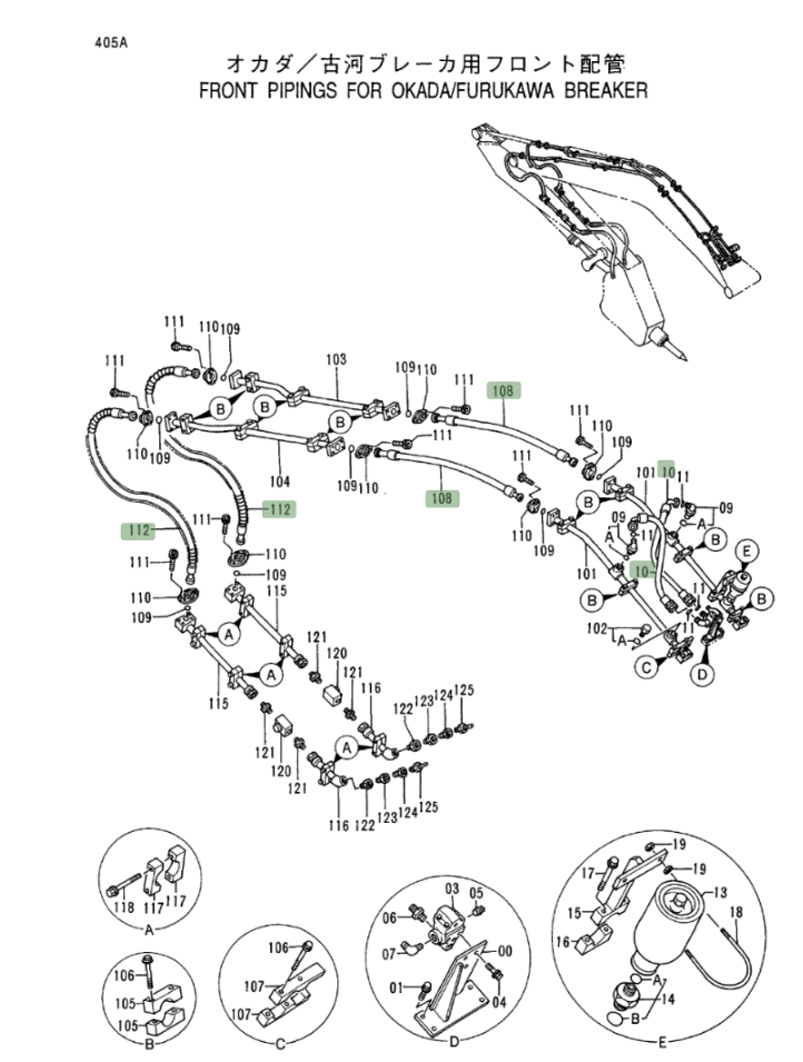 Hitachi EX400LC-3 installation diagram showing hydraulic hose 4343209 at Pipe No. 10